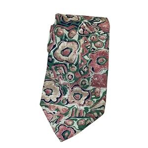 Vintage DIBI Men's Silk Tie Abstract Floral Print Green Pink Tan Necktie